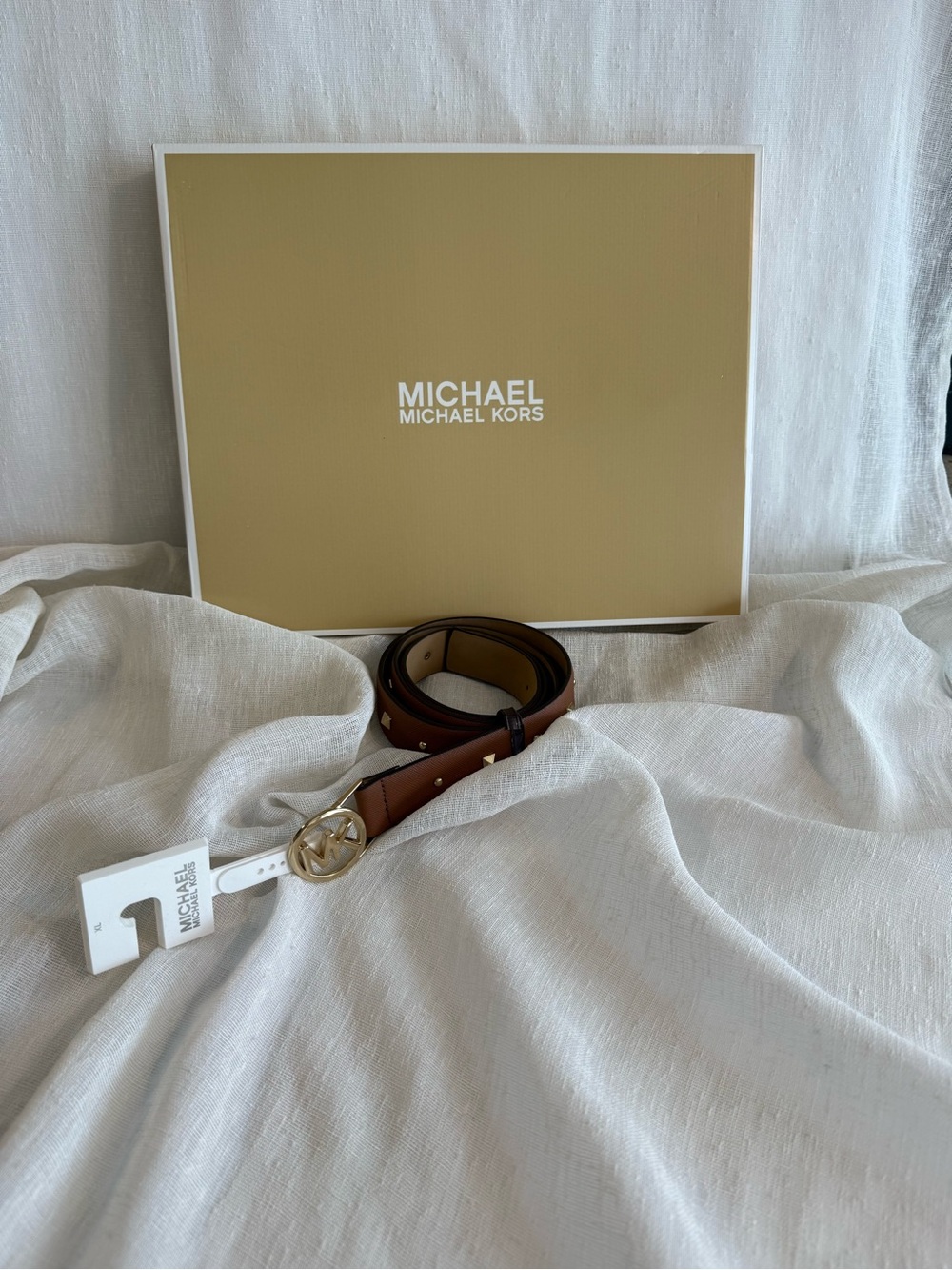Michael Kors Brown Leather  Belt with Gold MK Round Buckle